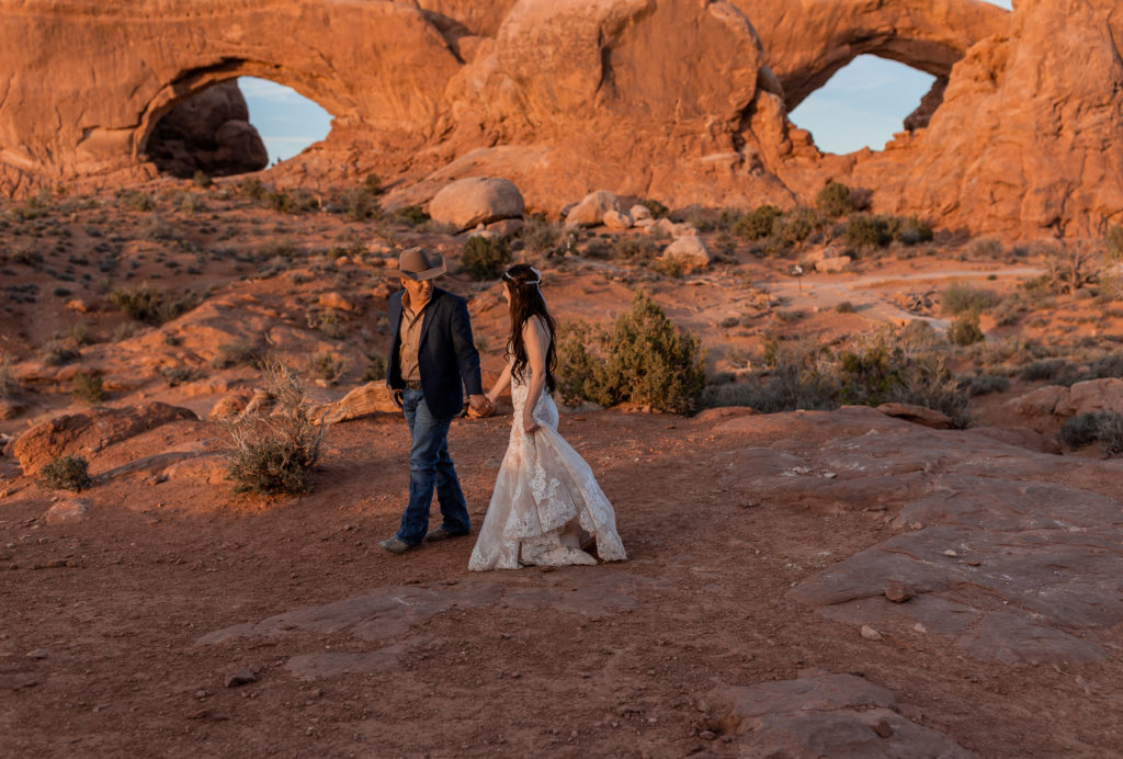 Elopement at Sunset in Arches National Park in Moab, Utah in front of the Windows
