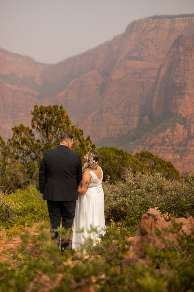 Bride and groom facing away from the camera looking out at the red rocks and holding hands in Zion National Park in Utah