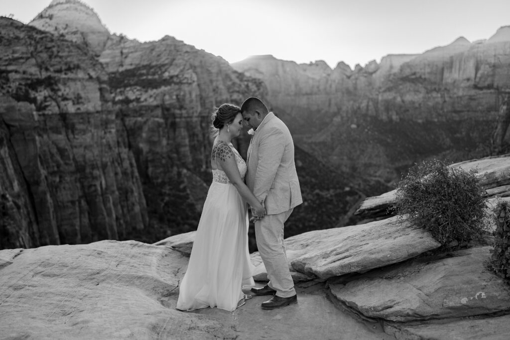 Bride and groom facing each other holding hands on a cliff in Zion National Park in Utah
